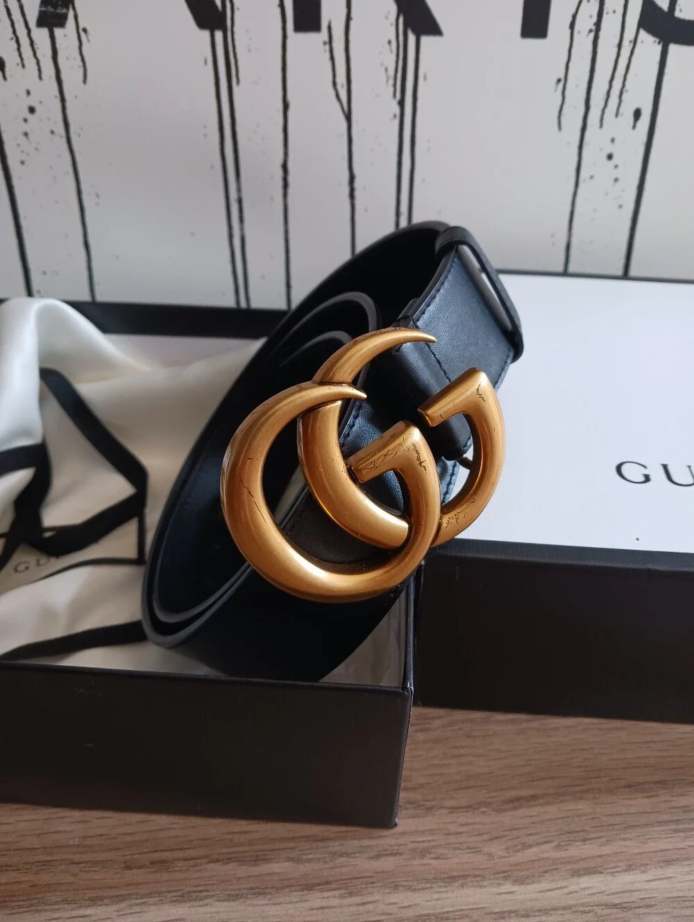 Gucci Black Leather Belt With Double GG Buckle Size 80-32